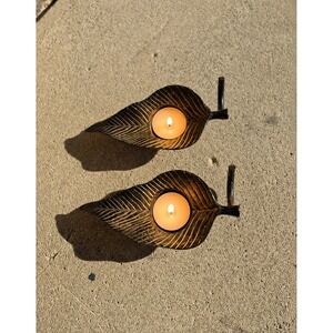 Vintage Brass Leaf Candle Holders Set of 2 Mid Century Modern Decor Stem Handles